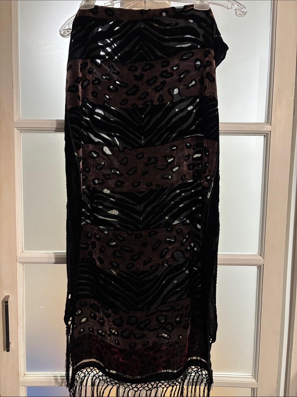 Cut Velvet Fringe Wrap Scarf in Black and Brown